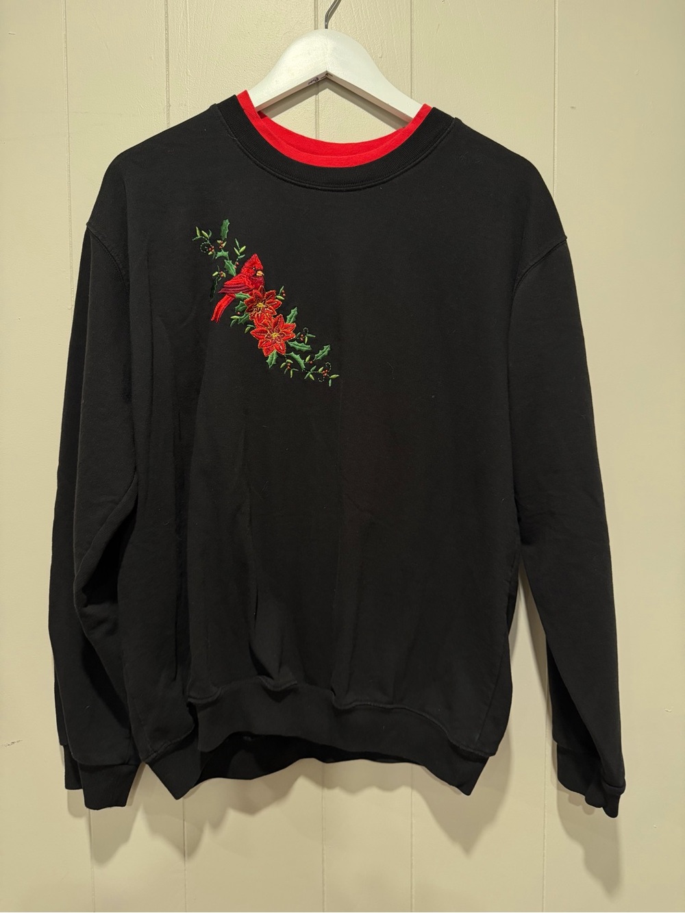 Black Crewneck Sweater with Red Floral & Cardinal Embroidery